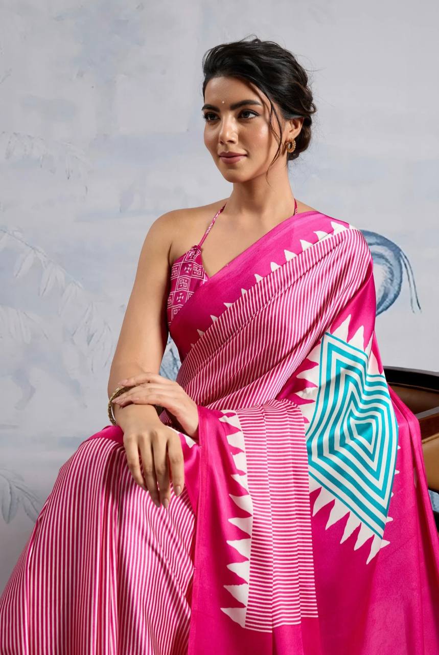 Stylish Pink Geometric Printed Saree with Striped Pattern & Designer Border – Trendy Party & Casual Wear Saree