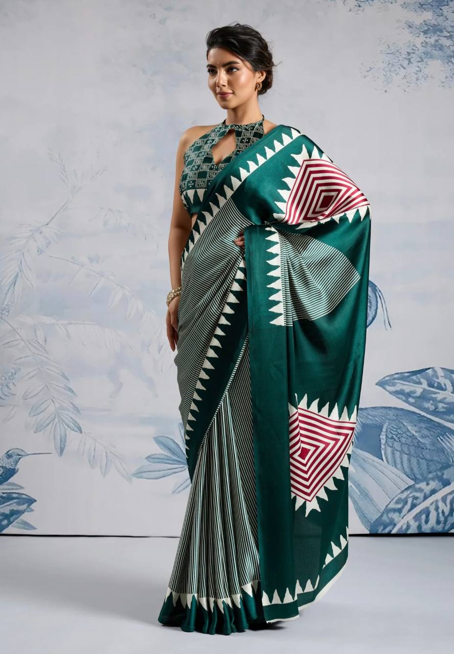 Elegant Dark Green Geometric Printed Saree with Striped Design & Designer Border – Modern Party & Office Wear Saree