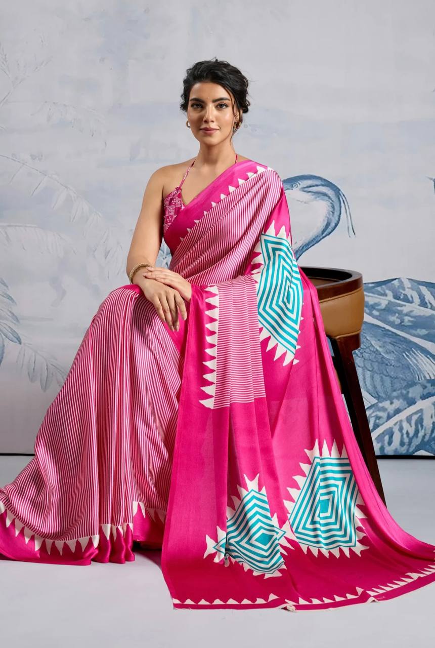Stylish Pink Geometric Printed Saree with Striped Pattern & Designer Border – Trendy Party & Casual Wear Saree
