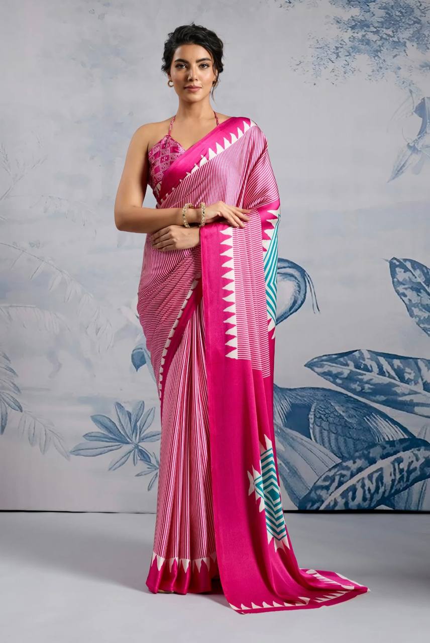 Stylish Pink Geometric Printed Saree with Striped Pattern & Designer Border – Trendy Party & Casual Wear Saree