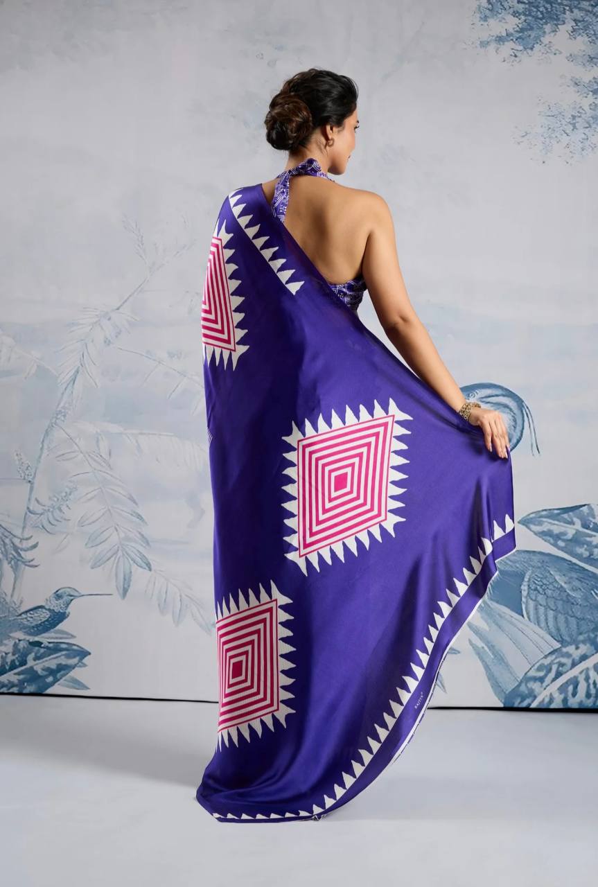 Elegant Purple Geometric Printed Saree with Striped Pattern & Designer Border – Stylish Party & Office Wear Saree