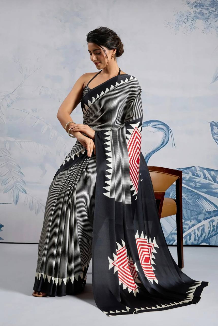 Classic Black Geometric Printed Saree with Striped Design & Designer Border – Elegant Party & Office Wear Saree