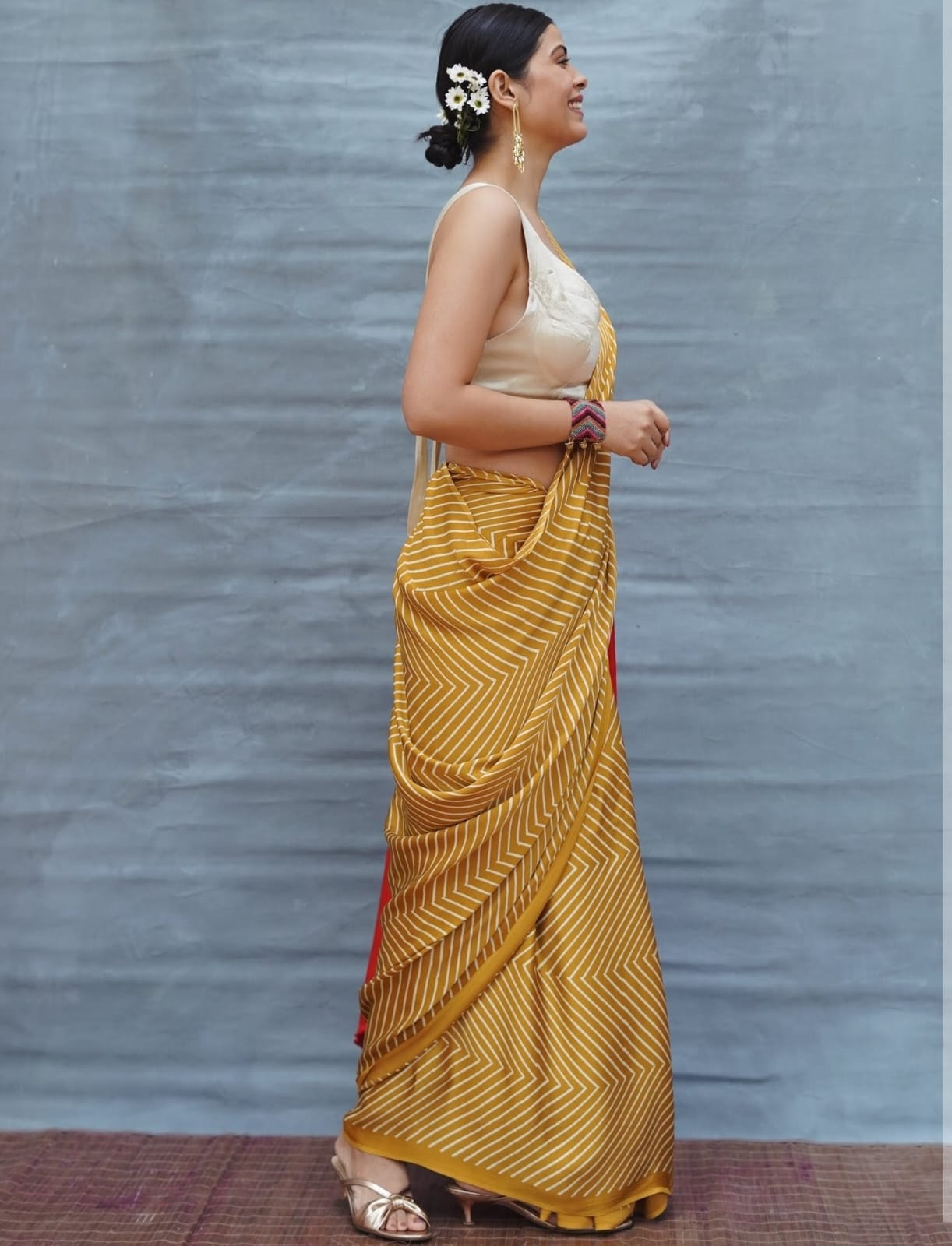 Mustard & Red Ombre Designer Saree with Geometric Stripes – Elegant Party & Festive Wear Saree for Women