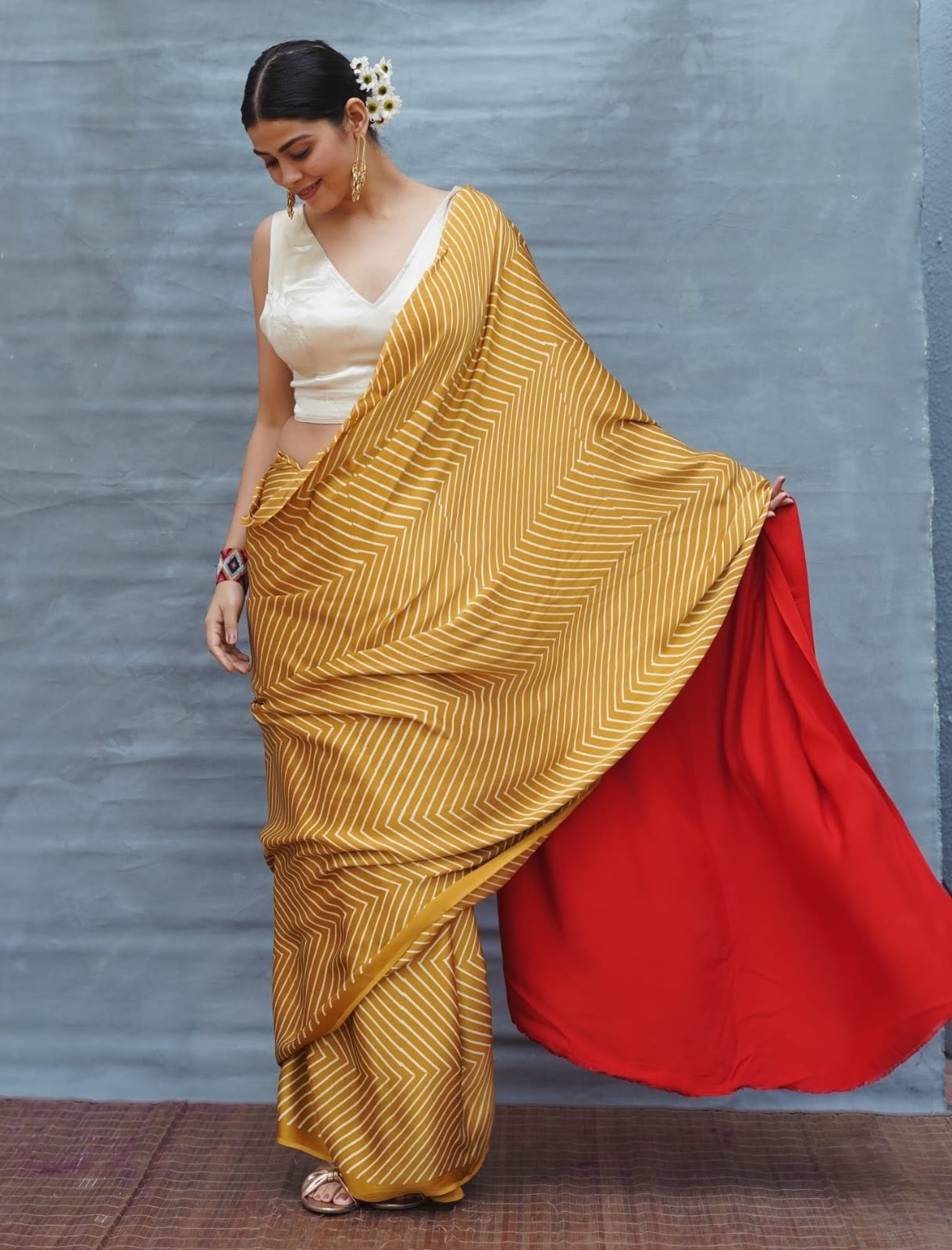 Mustard & Red Ombre Designer Saree with Geometric Stripes – Elegant Party & Festive Wear Saree for Women