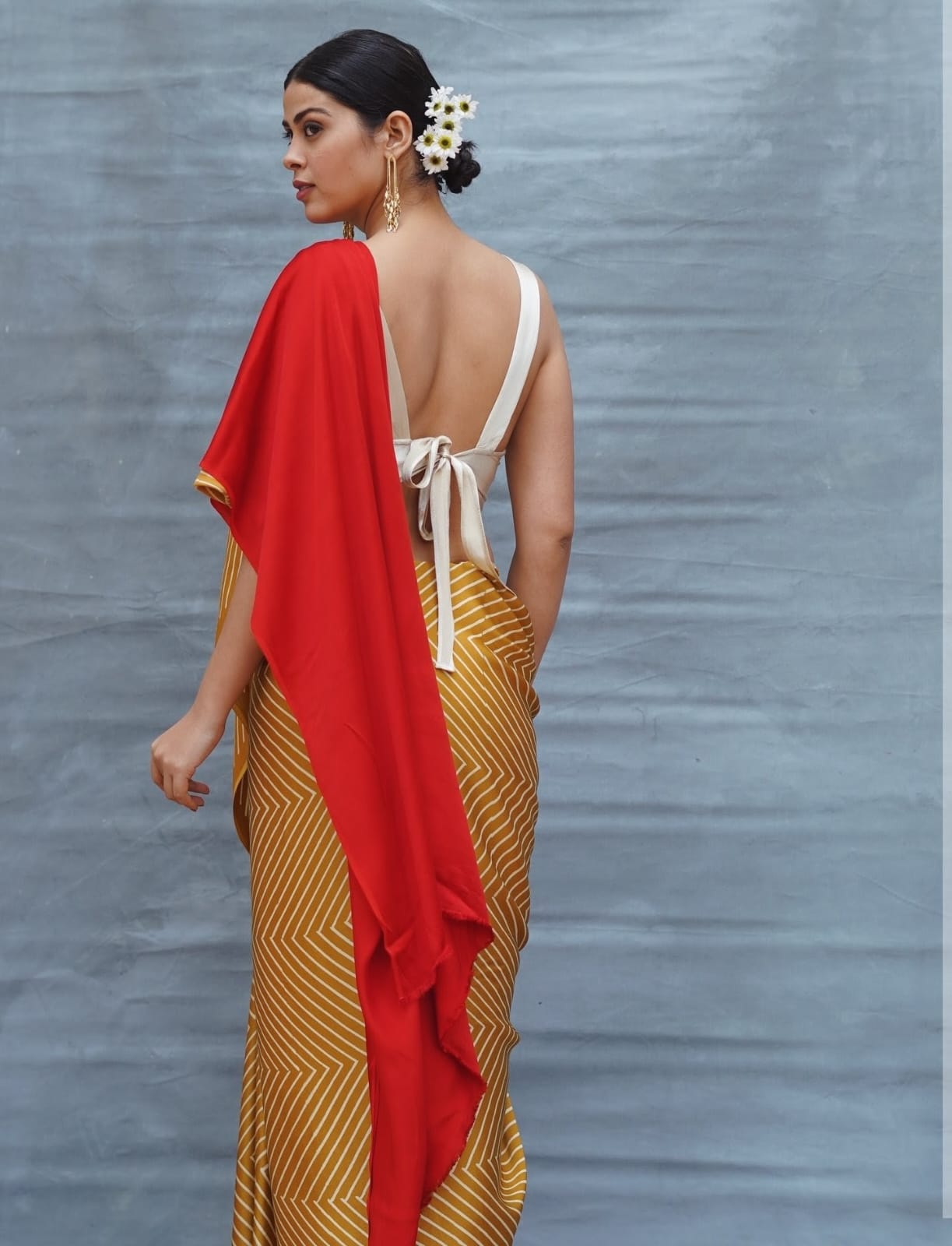 Mustard & Red Ombre Designer Saree with Geometric Stripes – Elegant Party & Festive Wear Saree for Women