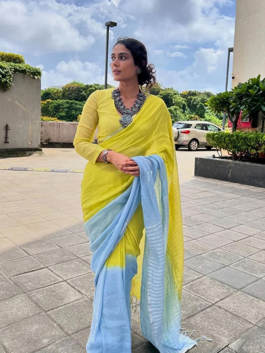 Lime Yellow & Sky Blue Linen Saree with Dual Tone Contrast