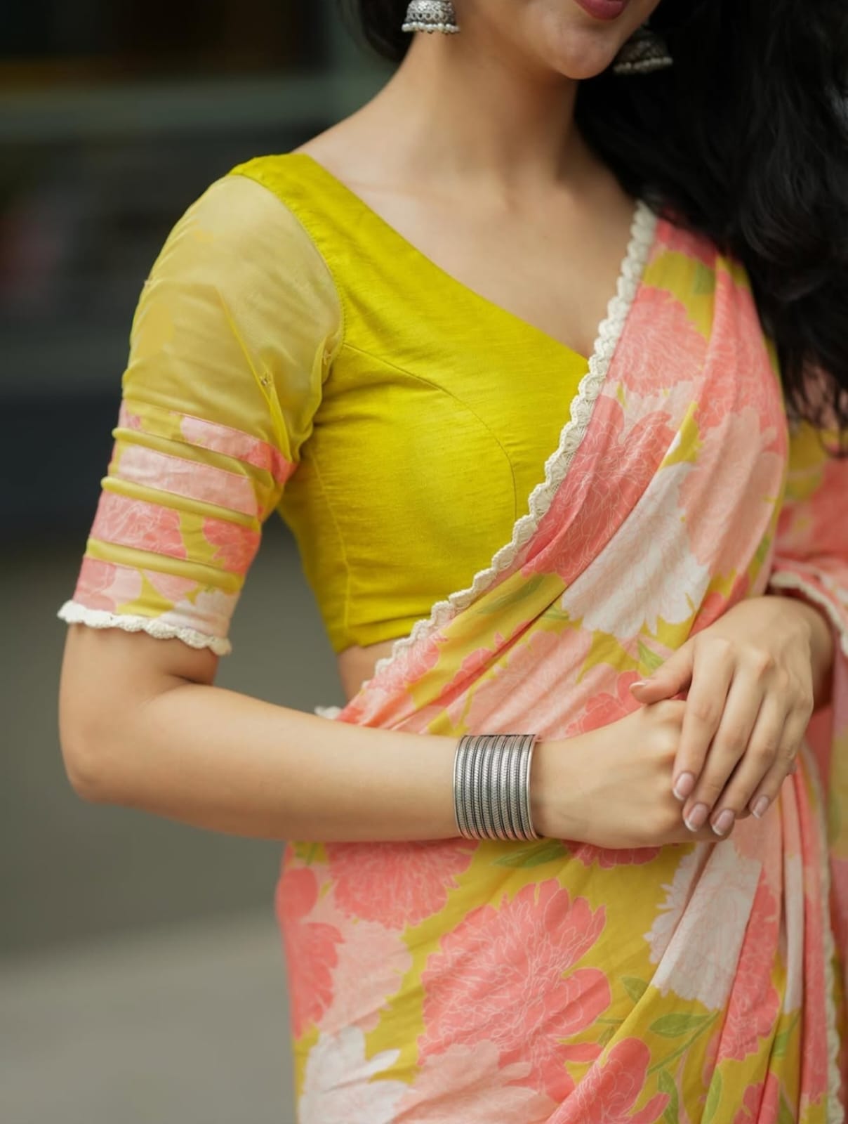 Peach Yellow Floral Linen Saree with Soft Pastel Print