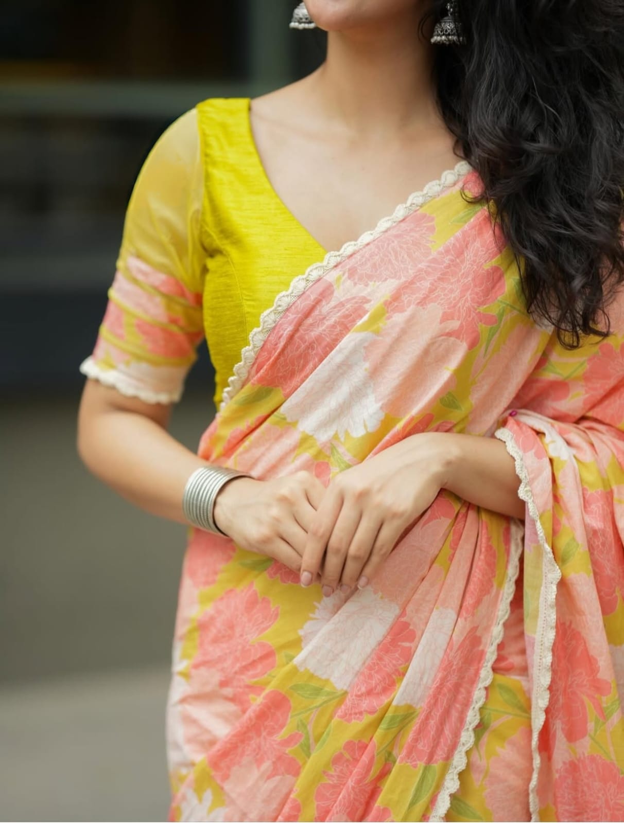 Peach Yellow Floral Linen Saree with Soft Pastel Print