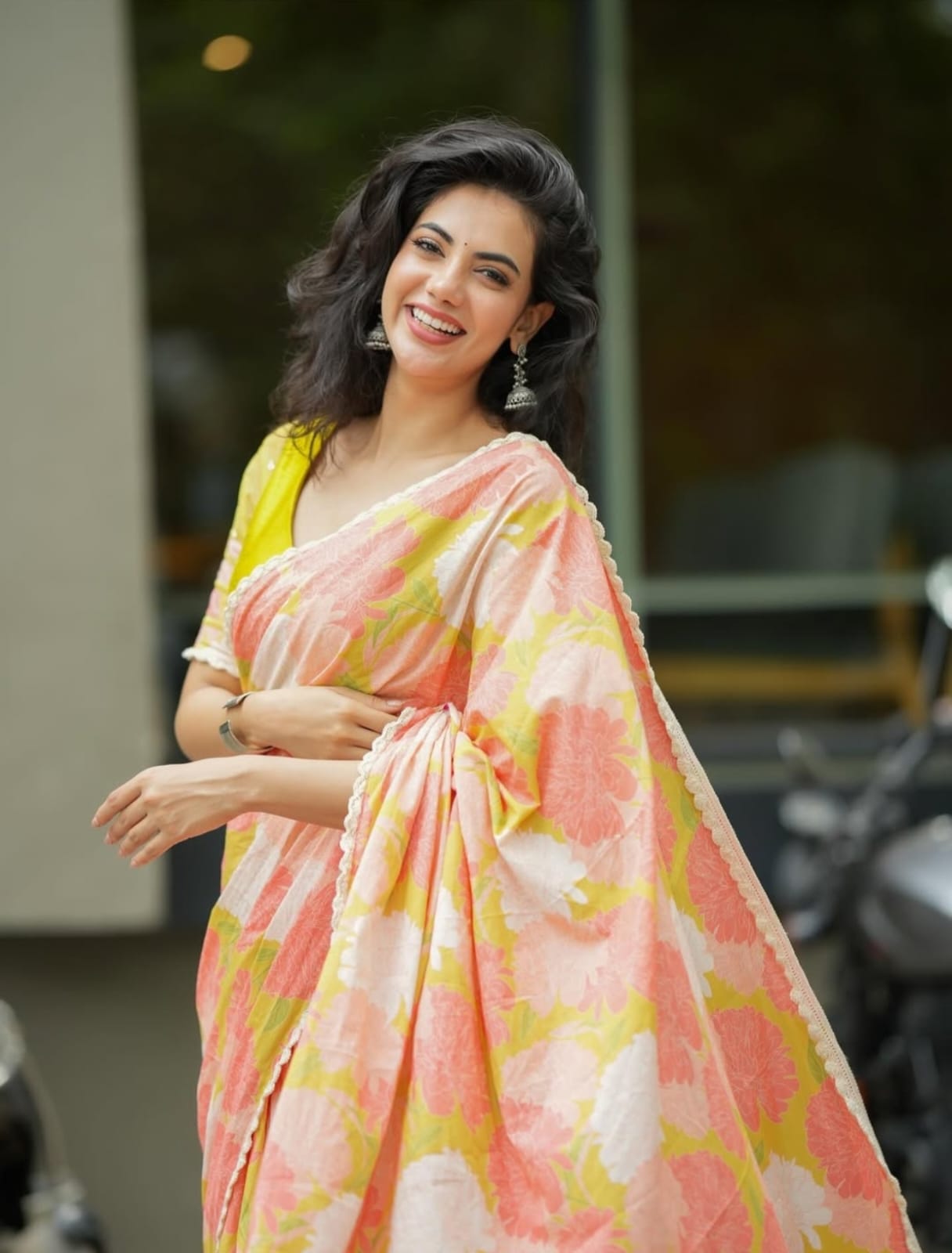 Peach Yellow Floral Linen Saree with Soft Pastel Print