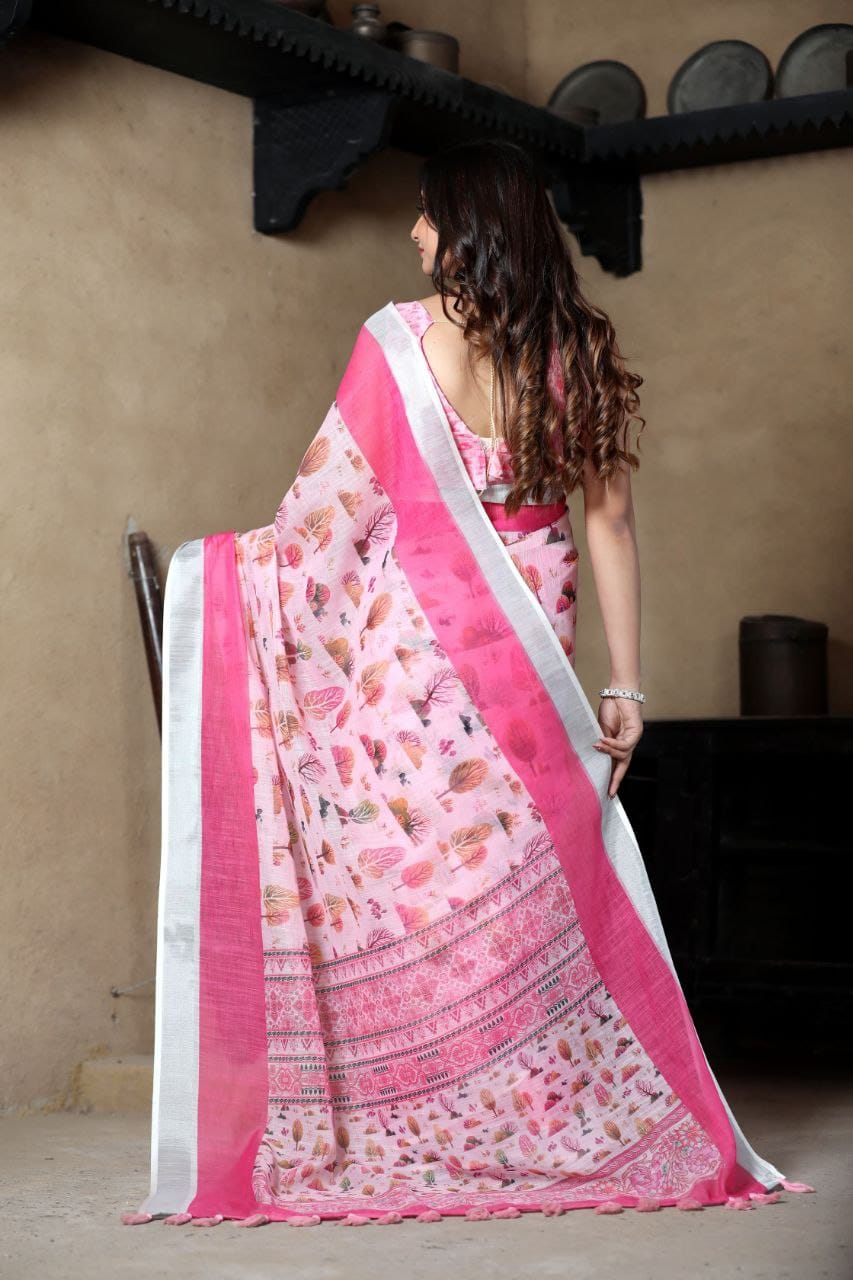 Pink Floral Linen Saree with Silver Border