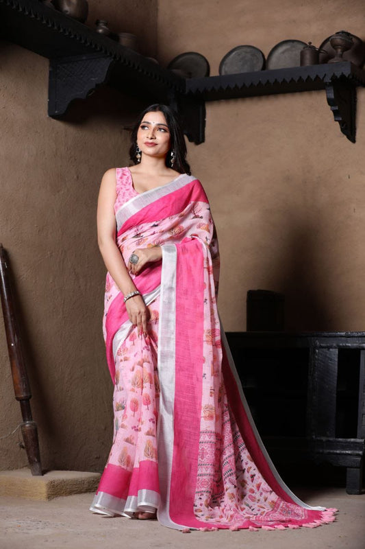 Pink Floral Linen Saree with Silver Border