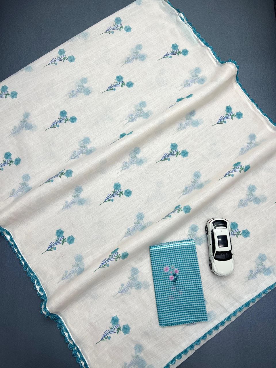 Off White Sky Blue Floral Linen Saree with Contrast Border