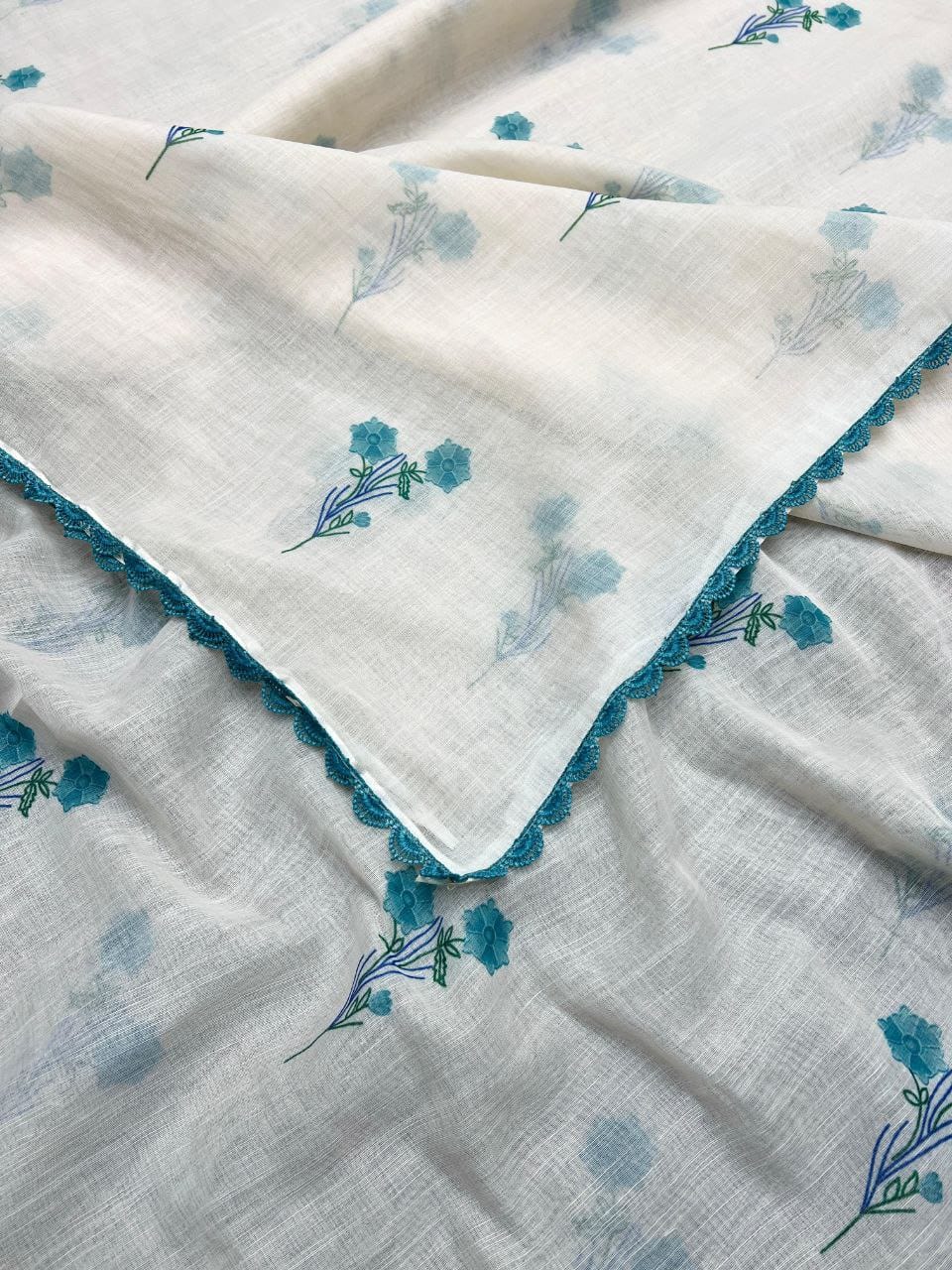 Off White Sky Blue Floral Linen Saree with Contrast Border