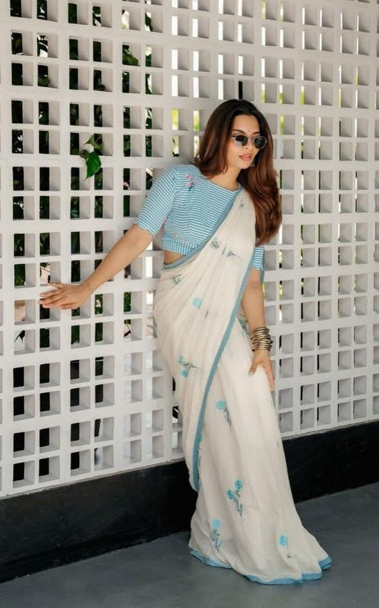 Off White Sky Blue Floral Linen Saree with Contrast Border