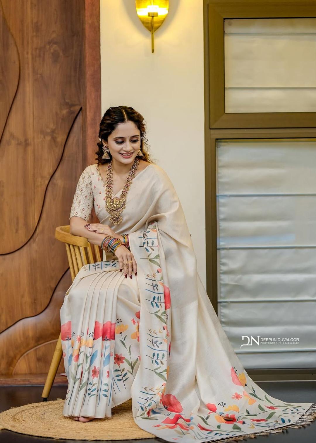 Beige Floral Satin Saree Elegant Lightweight Printed Saree for Women