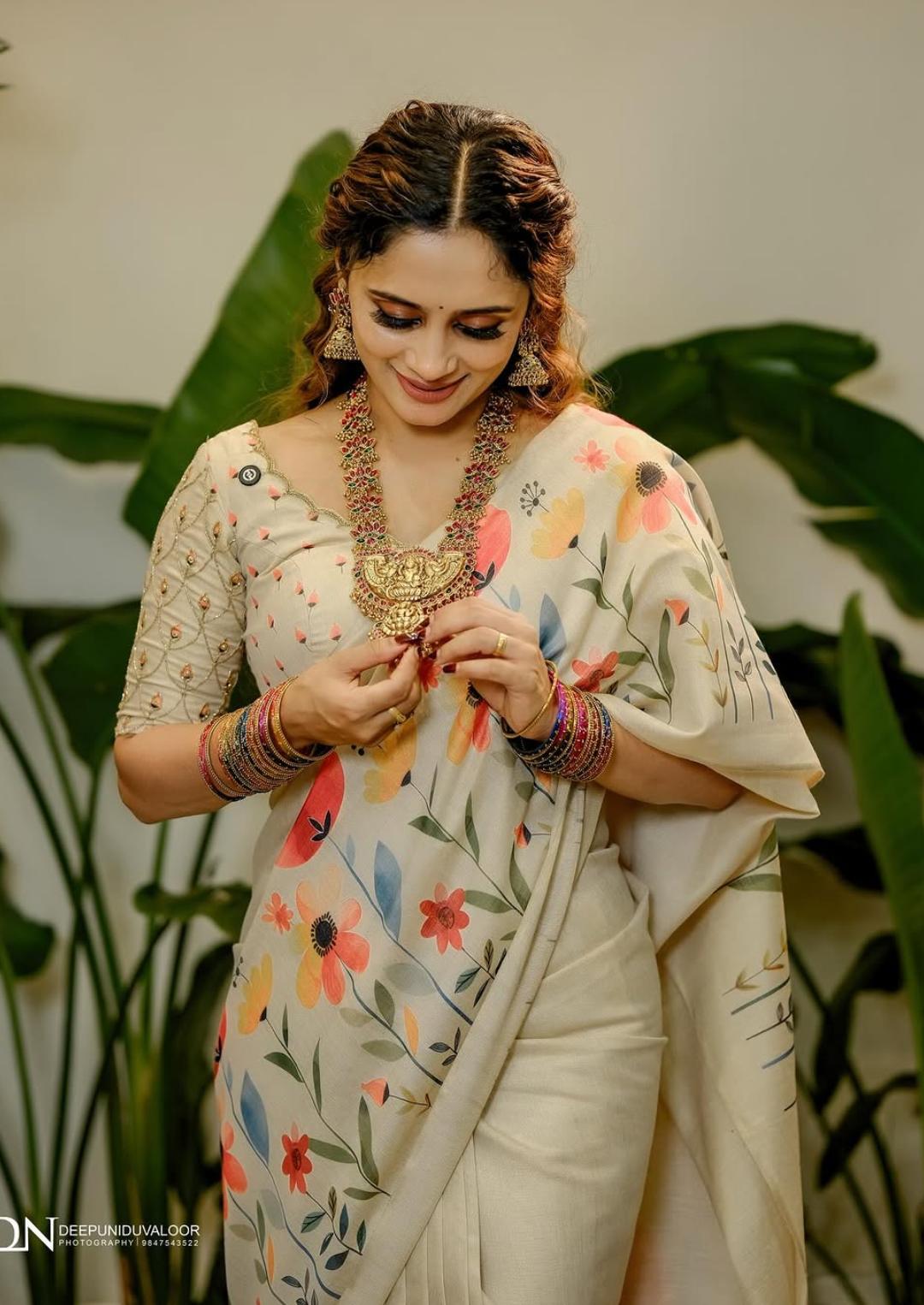Beige Floral Satin Saree Elegant Lightweight Printed Saree for Women