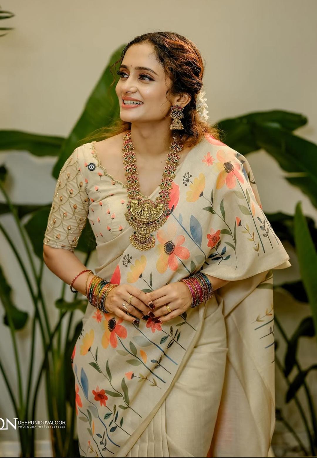 Beige Floral Satin Saree Elegant Lightweight Printed Saree for Women