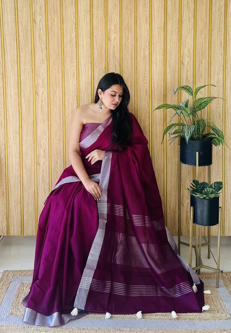 Wine Linen Saree with Silver Border Elegant Premium Party Wear Saree for Women
