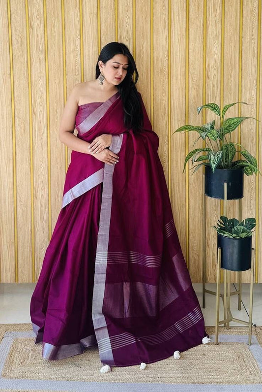 Wine Linen Saree with Silver Border Elegant Premium Party Wear Saree for Women