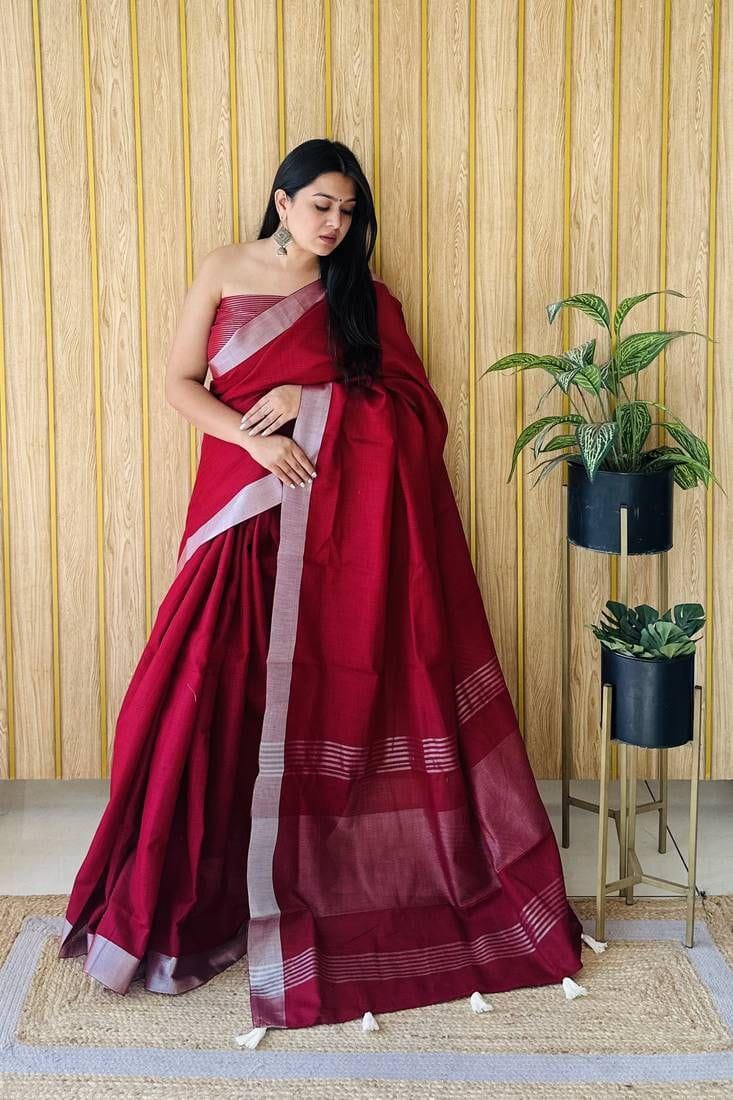 Red Linen Saree with Silver Border Elegant Lightweight Festive Wear Saree for Women