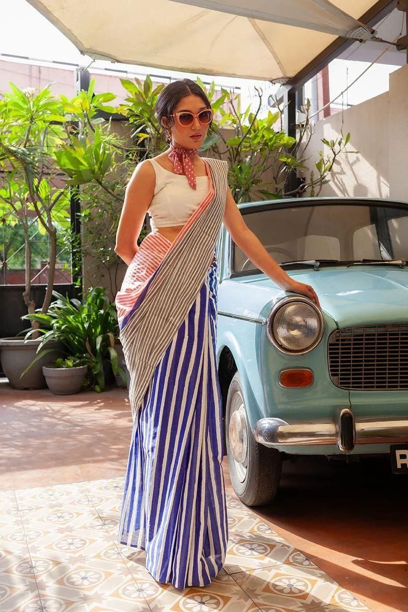 Royal Blue & Ivory Linen Saree with Striped Design