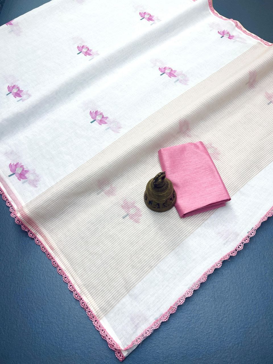 Ivory White & Blush Pink Linen Saree with Floral Design