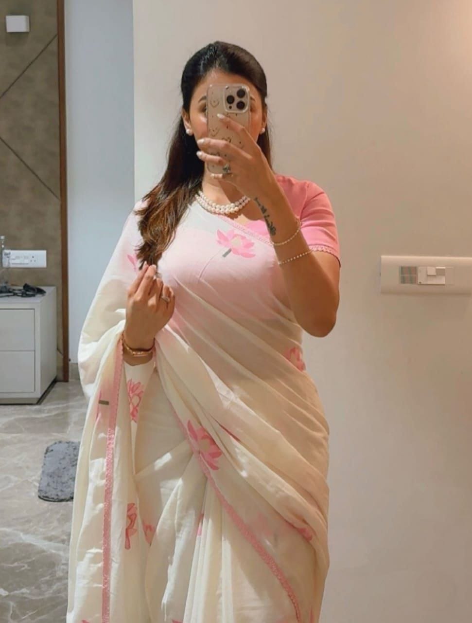 Ivory White & Blush Pink Linen Saree with Floral Design