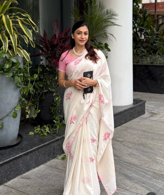Ivory White & Blush Pink Linen Saree with Floral Design