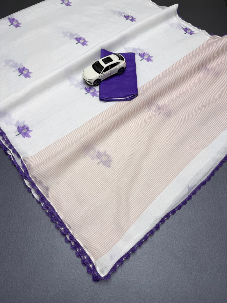 Ivory White & Royal Purple Linen Saree with Lotus Design