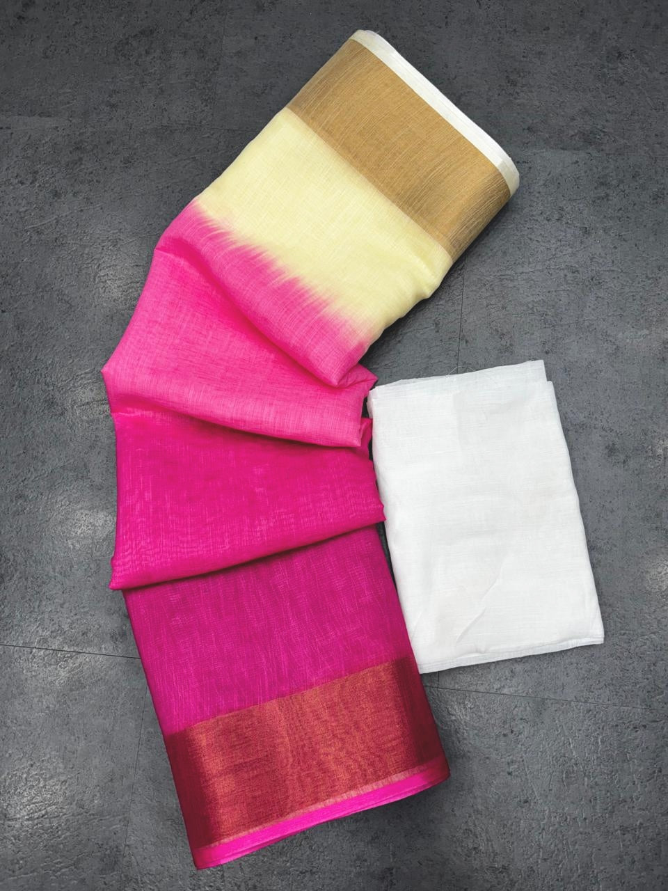Ivory White and Rani Pink Linen Zari Saree with Golden Border