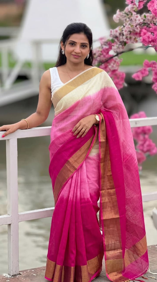 Ivory White and Rani Pink Linen Zari Saree with Golden Border