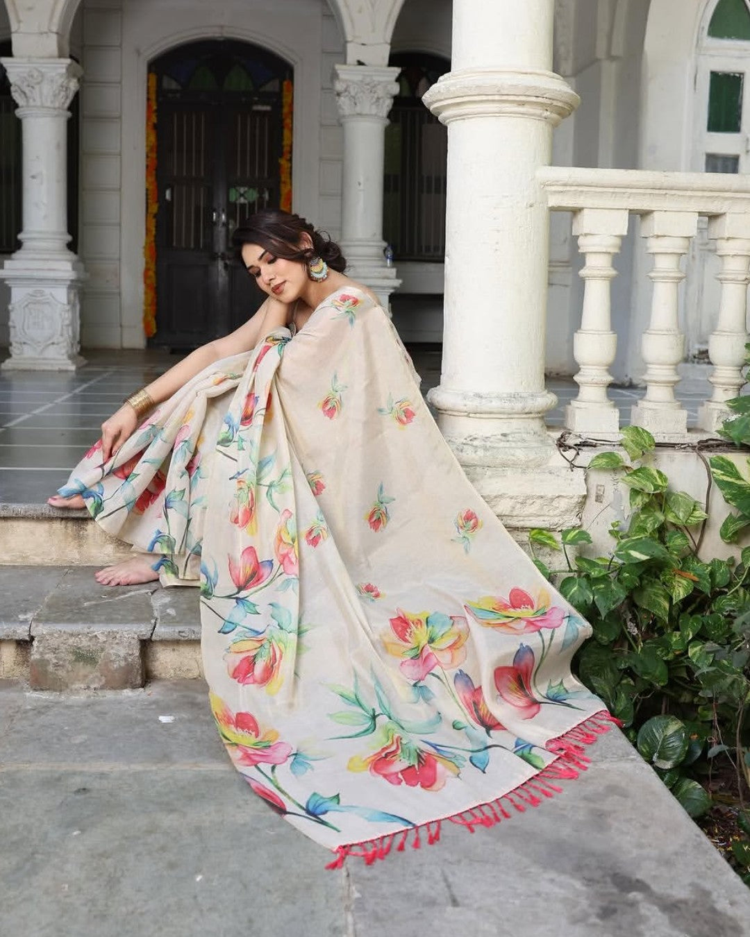 Beige Cream & Multicolor Floral Linen Saree with Tassels