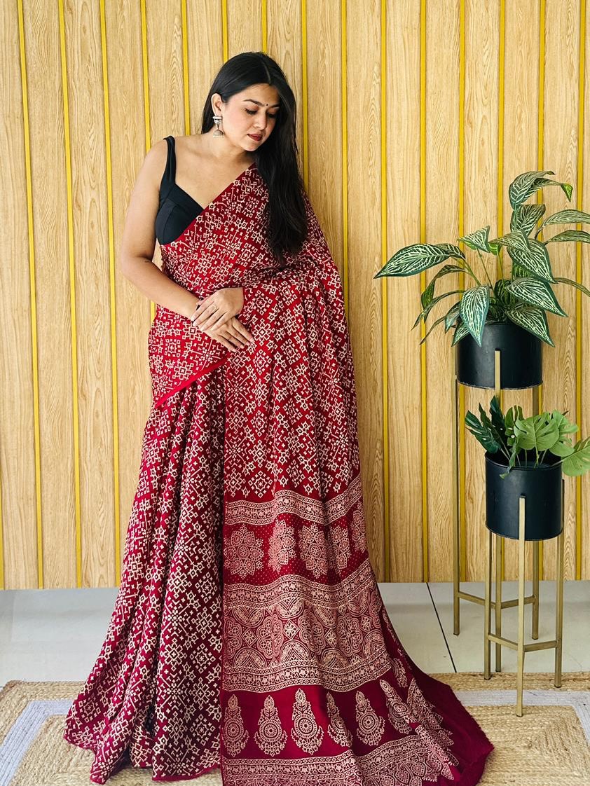Elegant Maroon Ajrakh Modal Silk Saree with Traditional Handblock Print