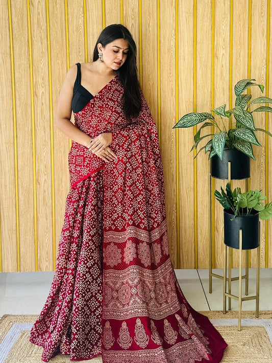 Elegant Maroon Ajrakh Modal Silk Saree with Traditional Handblock Print