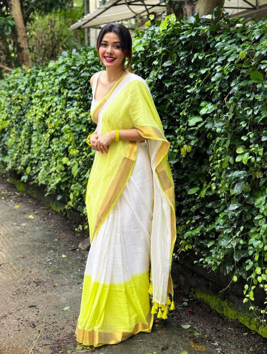 Premium Lime Yellow Linen Saree with Golden Border | Elegant Designer Saree