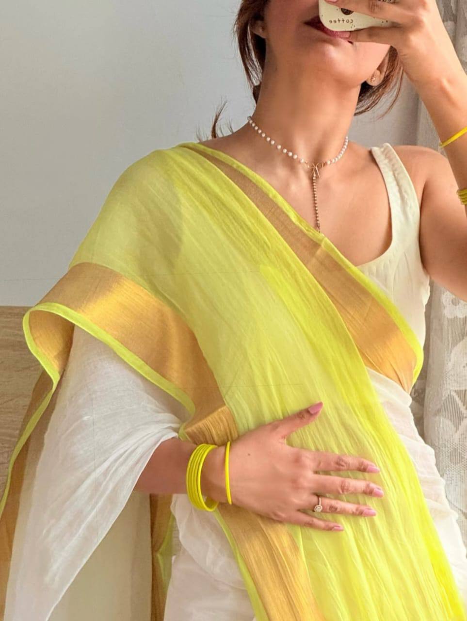 Premium Lime Yellow Linen Saree with Golden Border | Elegant Designer Saree
