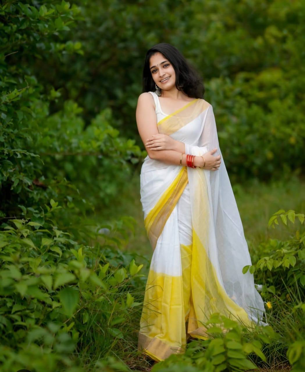 Premium Lime Yellow Linen Saree with Golden Border | Elegant Designer Saree