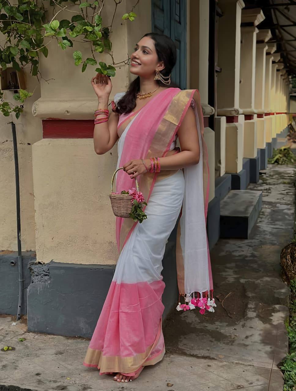Premium Pink Linen Saree with Golden Border Elegant Designer Saree