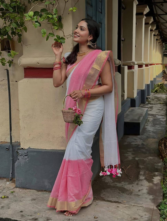 Premium Pink Linen Saree with Golden Border Elegant Designer Saree