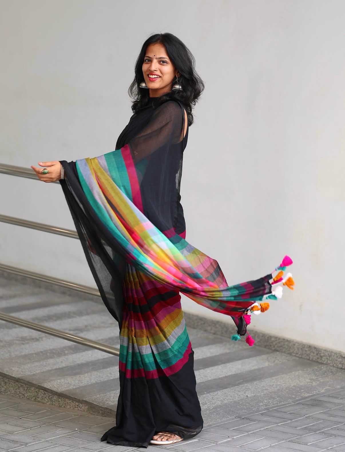 Black Linen Saree with Multicolor Striped Pallu