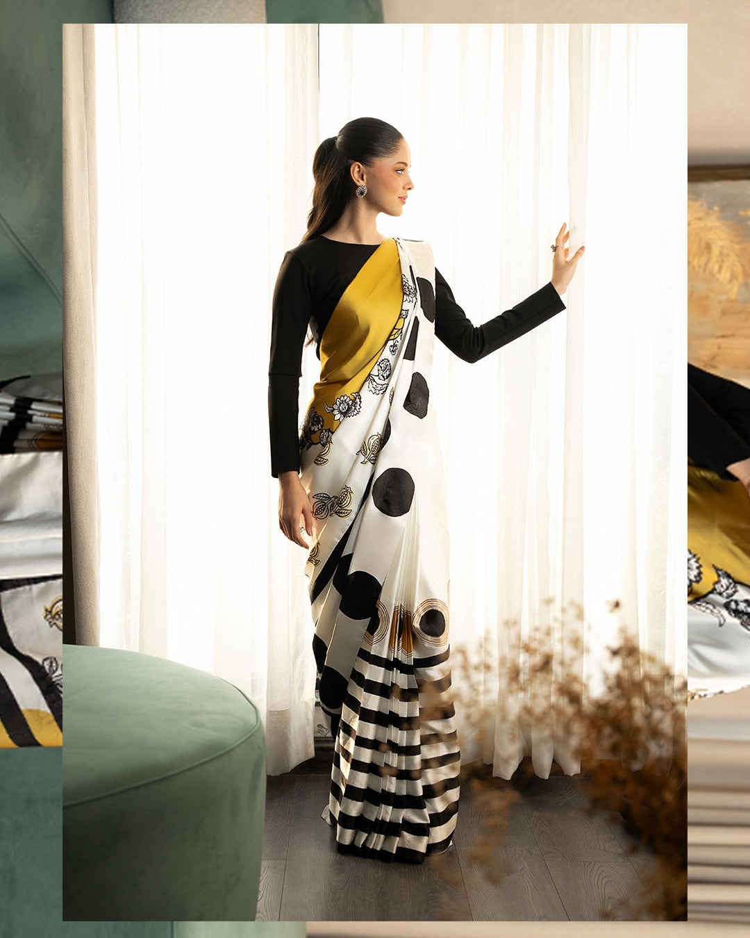 Elegant Mustard & White Printed Saree with Abstract Polka Dots & Floral Design – Modern Office & Party Wear Saree