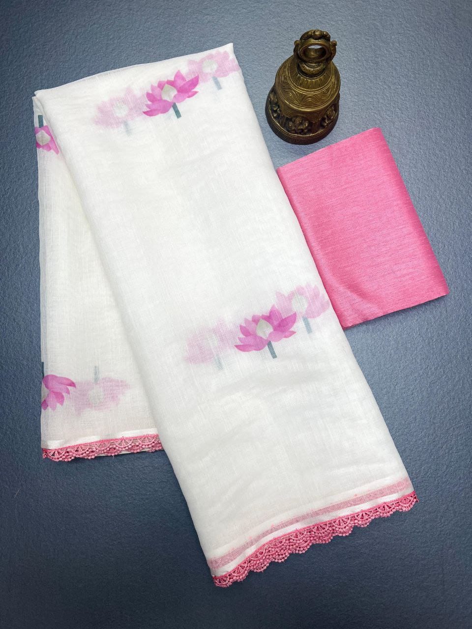 Off White Pink Lotus Linen Saree with Soft Floral Print