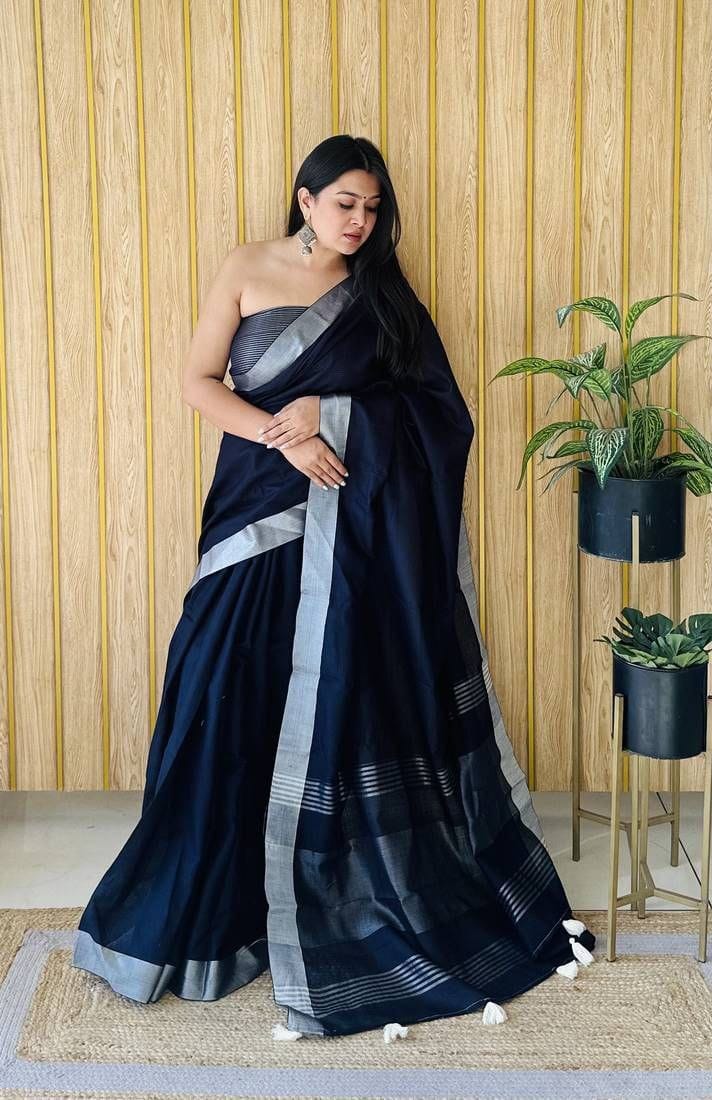 Navy Blue Silk Cotton Saree with Silver Border | Elegant Traditional Saree for Women