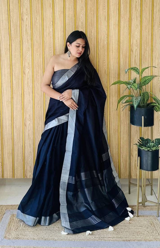 Navy Blue Silk Cotton Saree with Silver Border | Elegant Traditional Saree for Women
