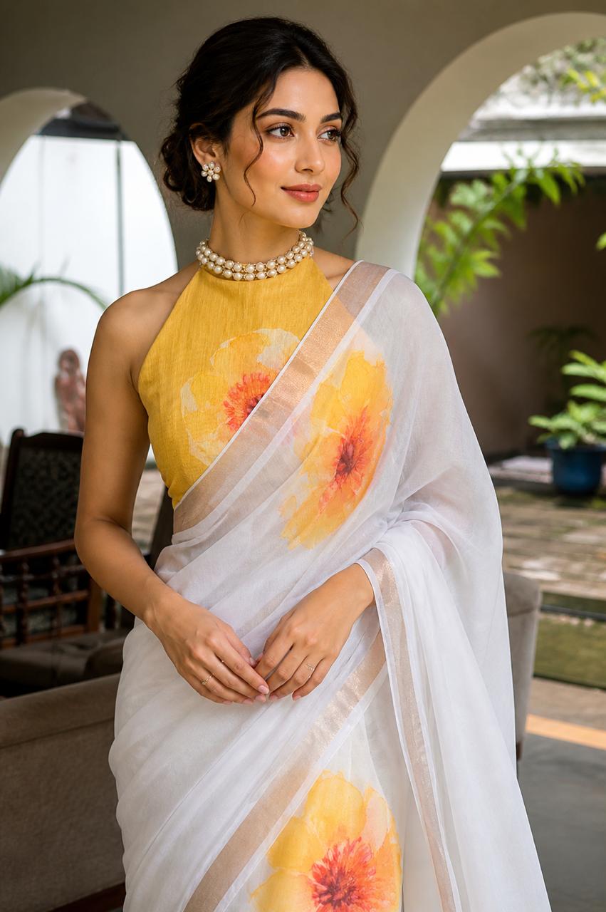 White and Yellow Linen Saree with Large Floral Prints