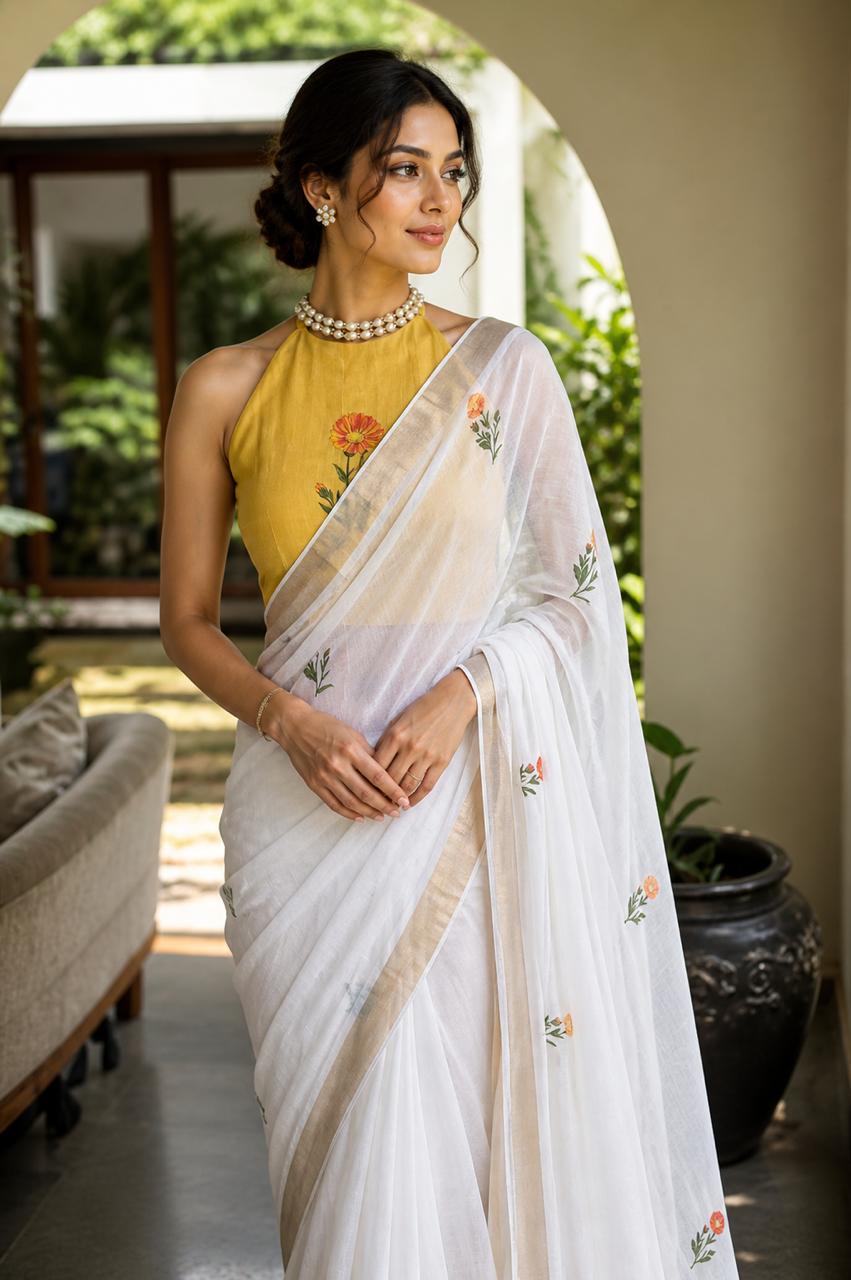 White and Yellow Linen Ombre Saree with Floral Motifs
