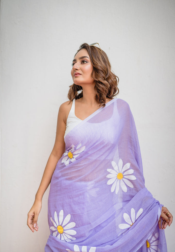 Lavender Floral Print Linen Cotton Saree