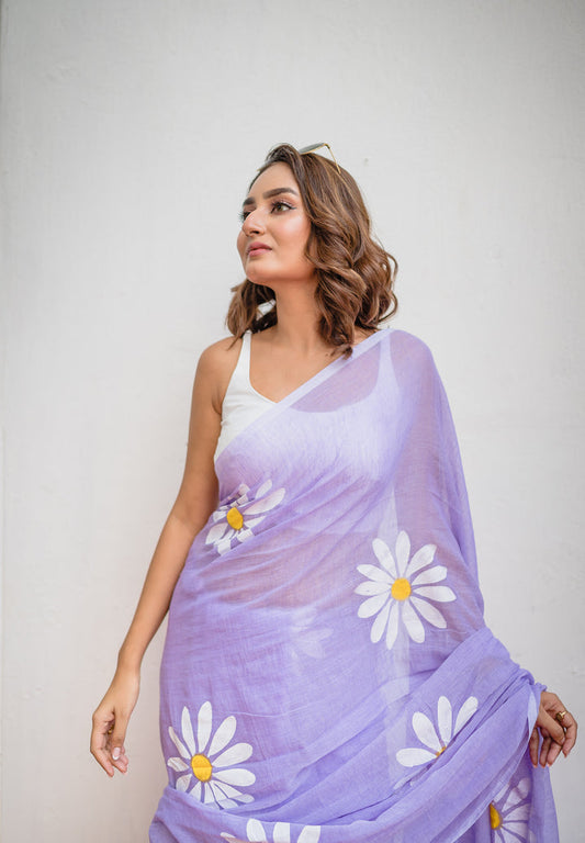 Lavender Floral Print Linen Cotton Saree