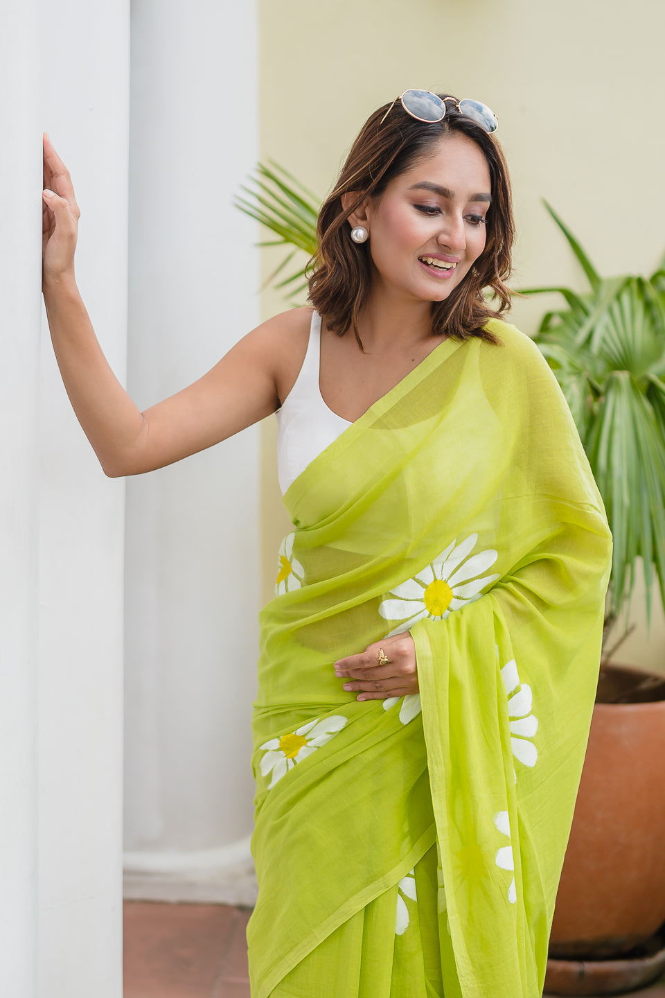 Lime Green Floral Print Linen Cotton Saree