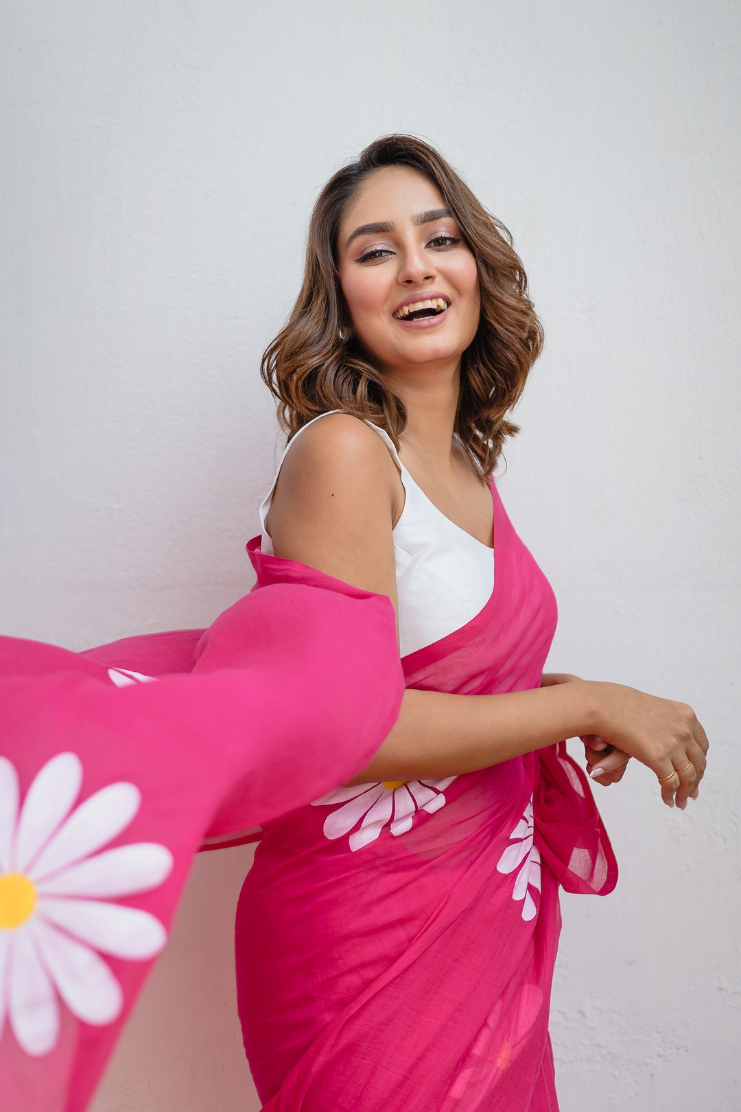 Hot Pink Floral Print Linen Cotton Saree